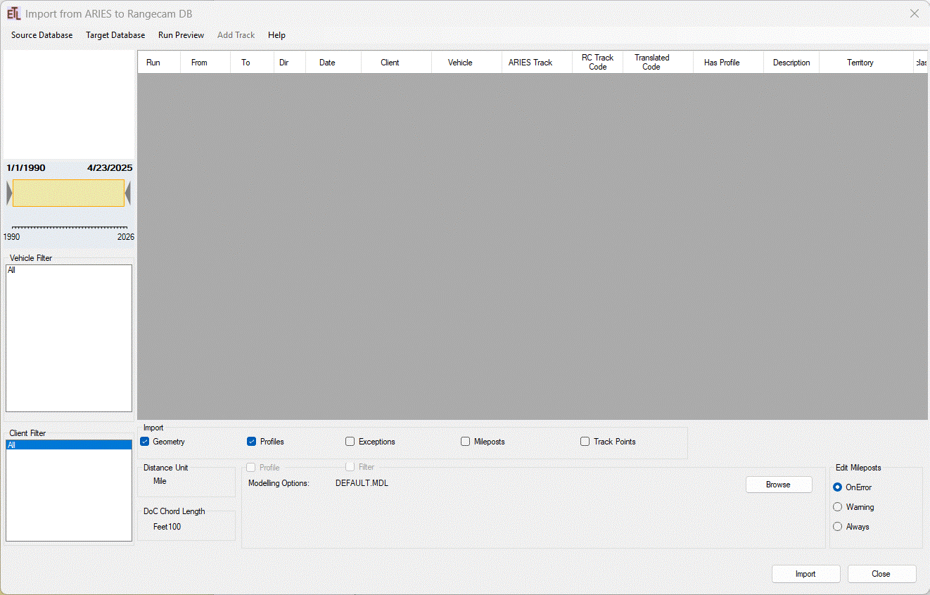 Main RC Import window with no runs loaded