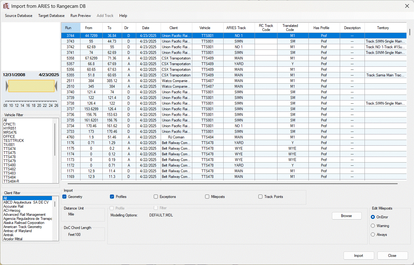 Main RC Import window showing a populated run list